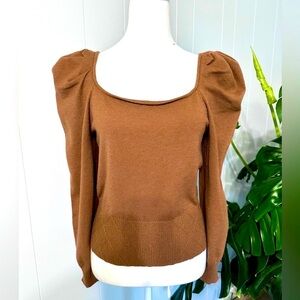 Women's Puff Sleeve Square Neck Knit Top - Brown